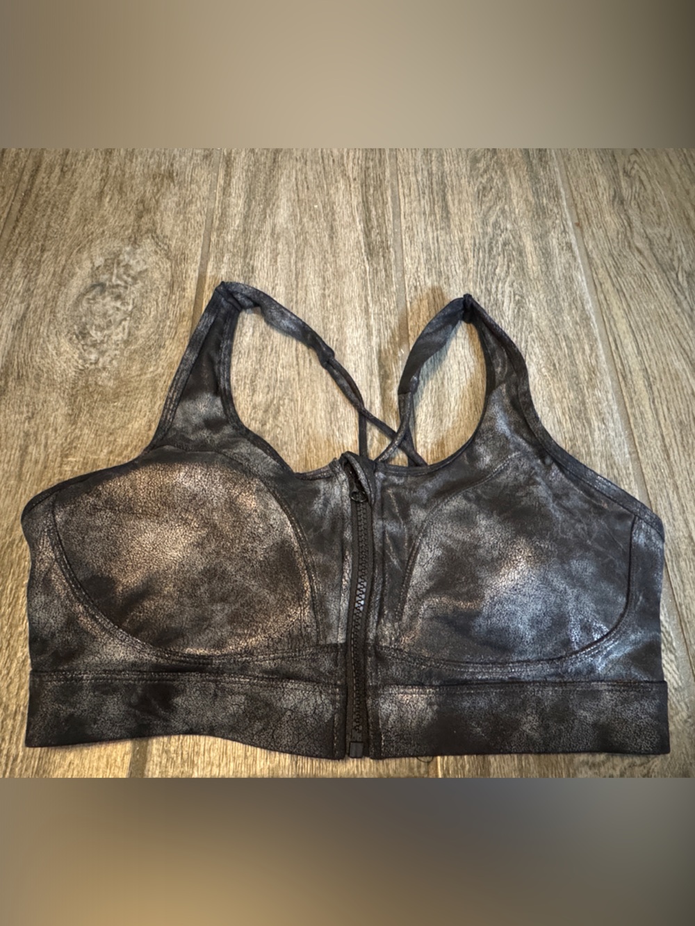 Women's Black Metallic Front-Zip Sports Bra